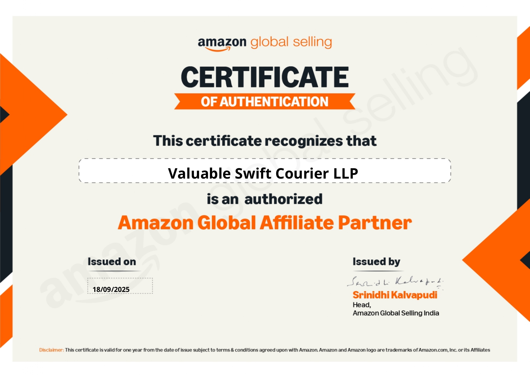 Universal Mail's Amazon Global Affiliate Partner certificate